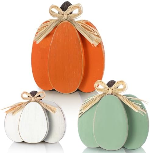 Ferraycle 3 Pcs Fall Pumpkin Decor Fall Wooden Signs 3D Pumpkin Tabletop Decor Farmhouse Sign Rustic Tiered Tray Decorations Block Centerpieces Standing Sign for Home Kitchen Harvest(Stylish Color) by Ferraycle