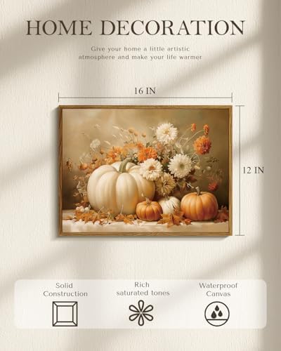 Vintage Thanksgiving Canvas Print White Orange Pumpkins Autumn Floral Leaves, Rustic Framed Fall Pumpkin Flower Still Life Wall Art 12x16", Harvest Farmhouse Kitchen Entryway Décor - Image 3