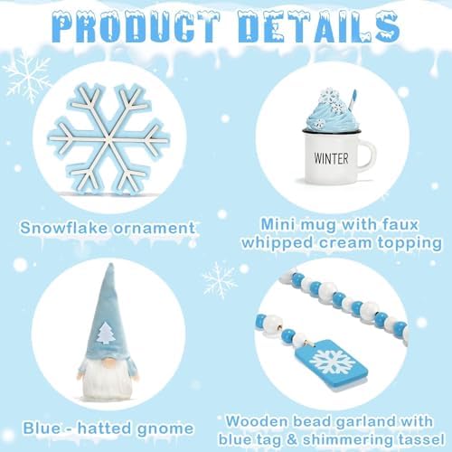Winter Decoration for Home Office 8 PCS Blue Winter Tiered Tray Decor Set - Image 5