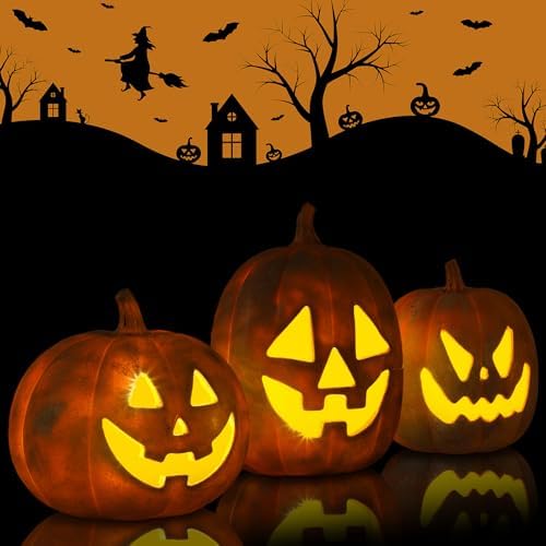 Vicenpal 3 Pcs Resin Halloween Pumpkin Decor Pumpkin Lantern, Terracotta - Image 2