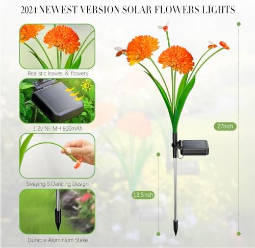 Solar Garden Lights, 2 Pack Solar Swaying Bee Lights with Flowers, Waterproof Firefly Light Outdoor for Garden Patio Yard Pathway Fall Decoration, Gifts for Women Mother's Day - Image 2