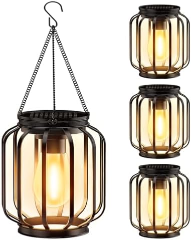 Solar Hanging Lanterns Outdoor Waterproof: 4 Pack Metal Solar-Powered Lights with Hook, Bright Warm Lantern Decor for Outside, Classic Outdoor Lighting for Yard Garden Patio Porch Balcony Decorations by BONLION