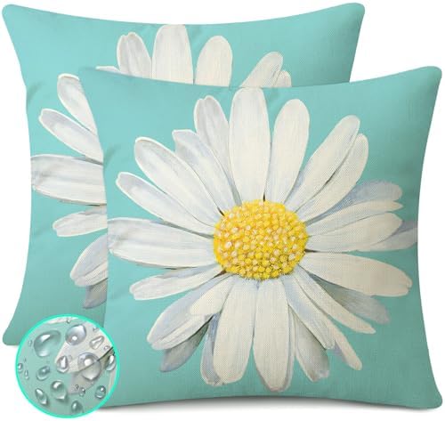 Spring Summer Outdoor Waterproof Pillow Covers 16 x 16 Inch Set of 2 Blue Daisy Flower Decorative Cushion Cases for Sofa Couch Garden Patio by Coeufuedy