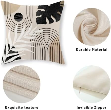 Boho Pillow Covers 16x16 Set of 2 Mid Century Black Beige Tropical Leaf Throw Pillow Covers Outdoor Decor Modern Abstract Decorative Pillow Cases Farmhouse Linen Cushion Case for Couch Sofa - Image 7