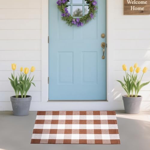 Buffalo Plaid Area Rug 27.5x43 in, Brown White Indoor Outdoor Rug by PIXFAIRY