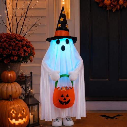 37" Outdoor Halloween Decorations Light Up Standing Ghost, Color Changing LED | Built-in Trick-or-Treat Candy Bag, Flexible Arms & Legs, Porch Yard Decorations, Indoor Outdoor Lighted Decor by SUNFACE