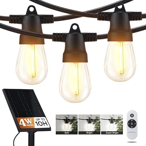 Brightech Ambience Pro Super Bright Solar - 27Ft Remote Control Outdoor String Lights with 12 Shatterproof S14 Bulbs, Commercial Grade LED, Waterproof Patio Lights, 4W Soft White for Patio, Garden by Brightech