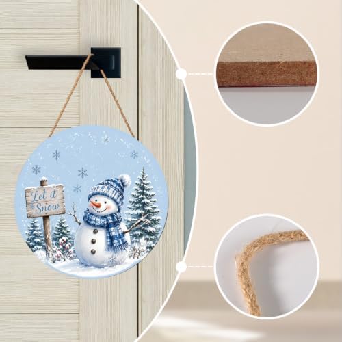 Winter Sign for Front Door Decor Christmas Snowman Snowflake Round Outdoor Hanging Wooden Door Sign for Porch Xmas Let It Snow Farmhouse Wreath Hanger Sign for Outside Indoor Wall Decoration 12"X12" - Image 4