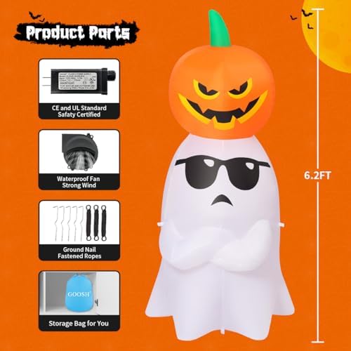 GOOSH 6.2 FT Halloween Inflatables Ghost with Pumpkin Outdoor Decorations Blow Up Yard with Built-in LEDs for Garden Lawn Indoor Party Decor - Image 6