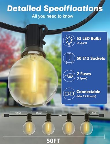SUNSGNE Outdoor String Lights, 50FT Outdoor Globe Light with 52 G40 Shatterproof LED Bulbs(2 Spare), String Lights for Outside Patio Porch Garden Backyard Balcony Deck Decor, E12 Sockets - Image 2