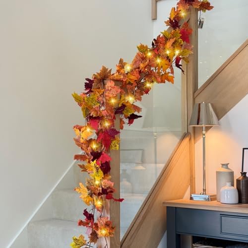 CQURE 6 Pack Fall Leaf Garland with Lights,Fall Decor Halloween Lights Artificial Maple Leaves Autumn Garland Hanging Vines Thanksgiving Decor for Home Christmas Autumn - Image 6