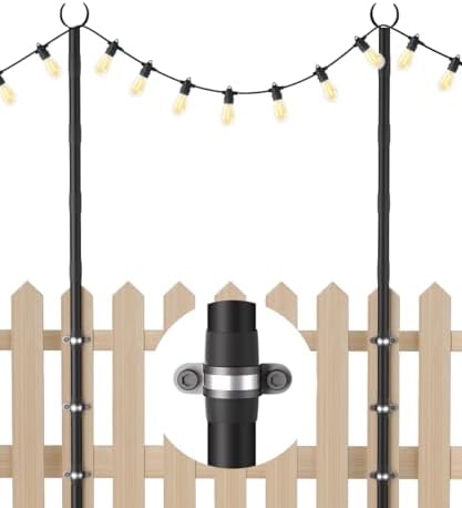 10Ft String Light Poles for Fence & Deck Railing, Outdoor Light Stand with Fence Brackets, Heavy-Duty Metal Poles for Backyard, Garden & Patio Party Lighting, Rustproof & Adjustable by Tigerden