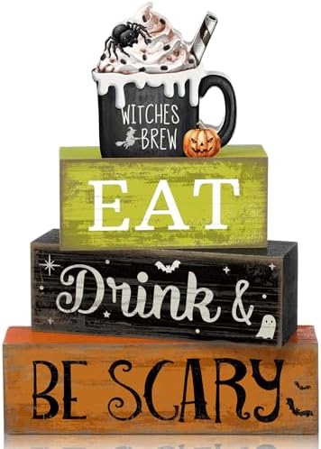 Lineshading 4 Pcs Halloween Wooden Block Signs, Eat Drink Be Scary Decor by Lineshading