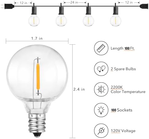Brightown LED Outdoor String Lights Patio Lights 100FT with 104 LED Bulbs, Shatterproof Weatherproof Commercial Hanging Light for Backyard Bistro Pergola Party Decor, E12 Socket Base, 2200K, Black - Image 2