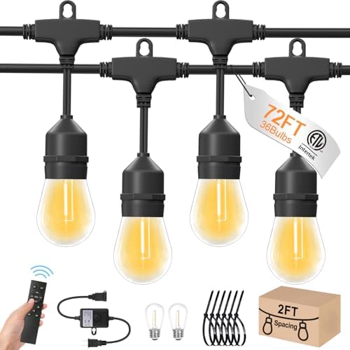 72ft Outdoor String Lights with Remote & Dimmer,36+2 Commercial Grade IP65 Waterproof Bulbs, 2700K Warm White,3 Lighting Modes & Timer,Includes 40 Cable Ties for Patio,Garden, Party by Loniuto