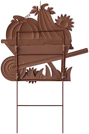 Glitzhome 30" H Fall Metal Wheel Barrow Pumpkin Yard Stake/Hanging Wall Decor,Pumpkin Wagon Cart with Happy Fall Signs,Fall Harvest Porch Decorations for Thanksgiving Autumn Halloween Party Supplies - Image 6