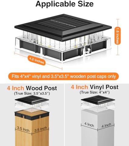 4x4 Solar Post Cap Lights Outdoor, 6 Pack Fence Post Solar Lights with Warm Light Mode, Waterproof Fence Deck Post Lights Solar Powered Fits 4x4 3.5x3.5 Vinyl Wooden Posts for Patio Porch - Image 2