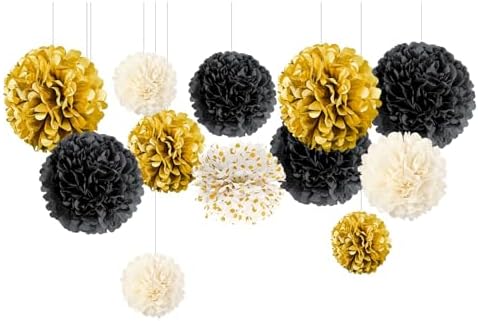 NICROLANDEE Black and Gold Party Supplies 12PCS Tissue Pom Poms 12" by nicrolandee