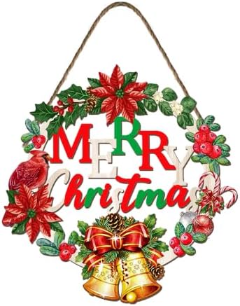 Harooni Merry Christmas Sign Wreath for Front Door Decor 11x11in Retro Cardinal Bird Xmas Sign Hanging Door Decor Vintage Christmas Front Porch Sign Farmhouse Porch Wall Indoor Outdoor Xtmas Holiday by welcometoourhome