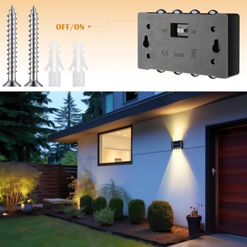 Rossesay 8 Pack Solar Wall Lights for Outside 3000K Warm Solar Fence Lights Up and Down Autumn LED Outdoor Decorative Waterproof Lamps Dusk to Dawn LED Lighting Wall Sconces for Outside Deck Garage - Image 3