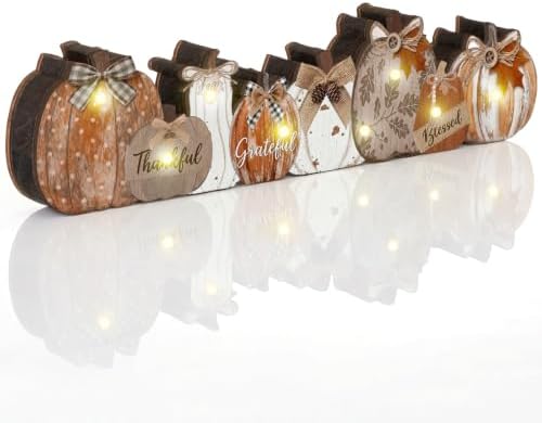 Yousoontic Fall Table Decorations, Light up Pumpkin Table Centerpieces Rustic Wooden Sign Decor with LED Lights 3D Block Pumpkin Decor for Autumn Thanksgiving Harvest Farmhouse Home Mantel Desk Party by Yousoontic