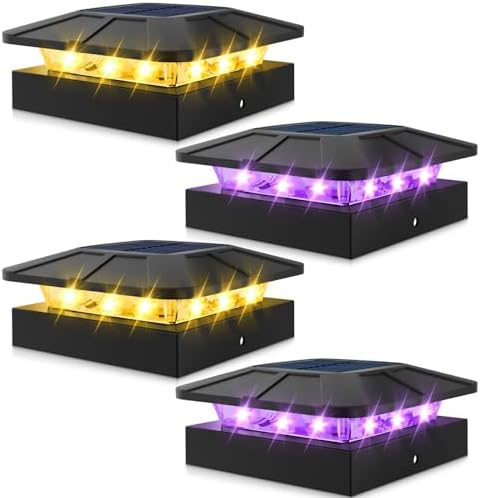 Peasur 4x4 Solar Post Lights Outdoor, 4 Packs Purple & Warm White LED Fence Caps Light Waterproof, Wood & Vinyl Post Top Lighting for Deck Mailbox Railing Porch Outside by Peasur
