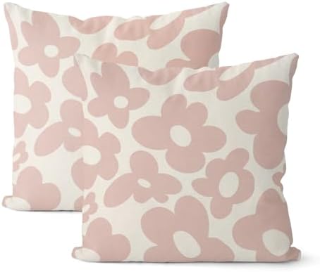 Light Pink Pillow Covers 18x18 Inch Set of 2 Pink Cute Floral Throw Pillows Daisy Flower Decor Outdoor Pillow Cases Linen Spring Summer Farmhouse Decoration Cushion Cover for Couch Sofa Bed by JEFERSO