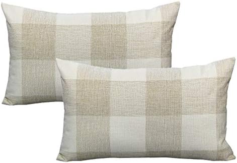 VAKADO Beige Buffalo Plaid Cotton Linen Throw Pillow Covers 12x20 Set of 2 by VAKADO