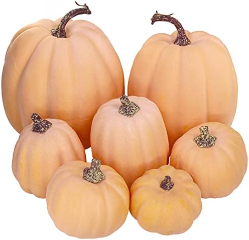 Winlyn 7 Pcs Assorted Sizes Artificial Fall Pumpkins Faux Orange Decorative Foam Pumpkins for Gifts Fall Baby Shower Wedding Thanksgiving Halloween Table Centerpiece Mantel Decor by Winlyn