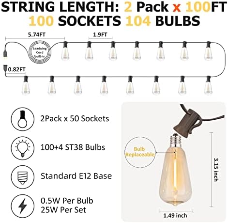 200FT Outdoor Edison String Lights for Outside LED Waterproof 2200K Patio Lights with 104 ST38 Shatterproof Plastic Bulbs Soft Warm Bistro Lights Outdoor Connectable for Gazebo Pergola 2Pack x 100FT - Image 3