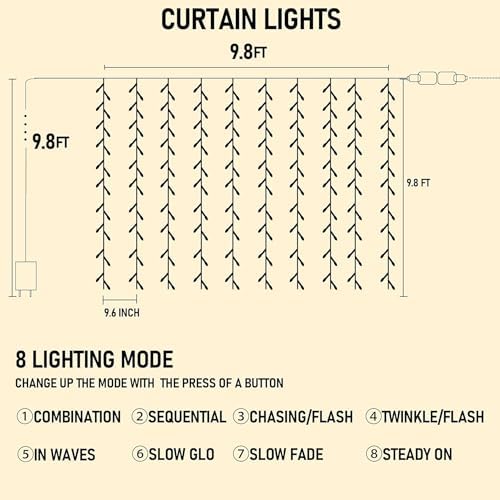 Dazzle Bright 300 LED Curtain String Lights, Christmas Fairy Lights for Bedroom with 8 Lighting Modes, Connectable Waterproof Window Lights Party Wedding Garden Wall Decor, Multi-Colored - Image 3