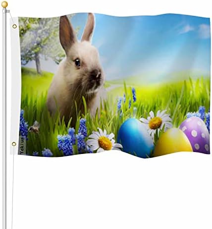 Yekiua Easter Bunny Rabbit Flag 3X5 Eggs On Green Grass With Daisies Flowers Uv Fade Resistant Vivid Color - Canvas Header Double Stitched Flag With Brass Grommets by Yekiua