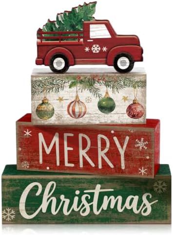 Lineshading 4 Pcs Christmas Table Decor, Red Truck Tree Block Sign Home by Lineshading