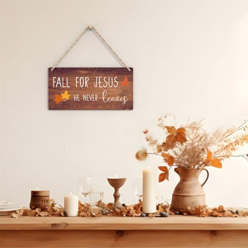 FREHVN Fall Decorations for Home Office Front Door - 'Fall for Jesus He Never Leaves' Sign - Autumn Wall Hanging Decor 12 X 6 Inch - Image 4