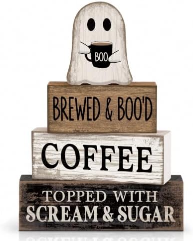 Lineshading 4 Pcs Halloween Ghost Blocks, Wooden Coffee Farmhouse Decor by Lineshading