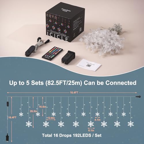 Smart Christmas Snowflake Icicle Lights, 16.4FT 192 LED 16 Drops, APP Remote Control Plug in 16 Million Colors, Curtain Lights Connectable, Xmas Decorations with Timer & Music Sync for Indoor Outdoor - Image 6