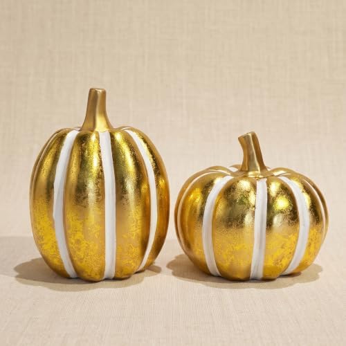 Gold and White Pumpkin Decor, Resin Pumpkin Figurines for Fall Decorations by FESTGLOX
