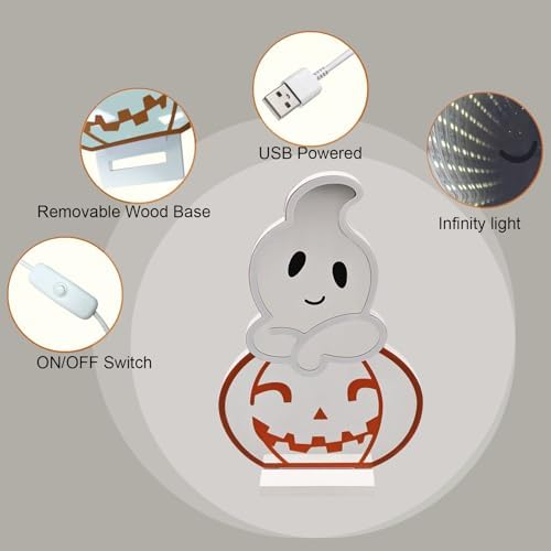 LED Halloween Pumpkin Light, Cute Neon Pumpkin and Ghost Sign Decor,11.57 Inch Halloween 3D Infinity Lights with USB Powered for Table, Room, Party Decoration - Image 4