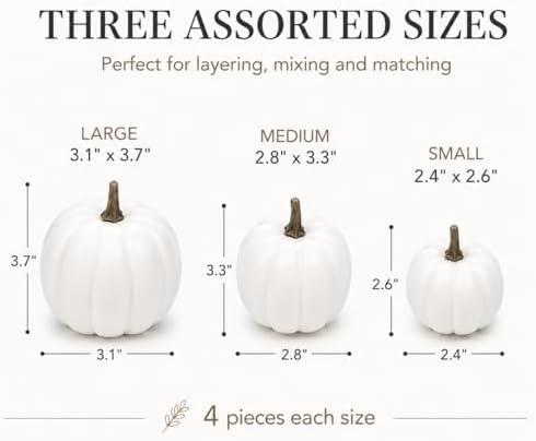 12-Pack Artificial White Mini Pumpkins in 3 Sizes for Fall Decorations - Image 6