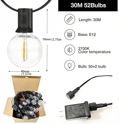 Outdoor LED String Lights with 100 Feet G40 Globe 52 Plastic Bulbs(2 Spare), Waterproof Hanging Light for Patio Backyard Porch Balcony Party Decoration - Image 2