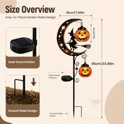 Solar Halloween Black Cat & Pumpkin Moon Garden Stake Light, Outdoor Waterproof LED Yard Decoration with Crescent Moon, Hanging Jack-o'-Lantern Lantern for Patio Lawn Path Yard (D #) - Image 2