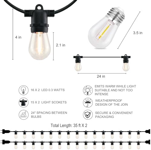 YULETIME 2-Pack 35 ft 15 LED Patio String Lights Plug-in, E26 Base S14 Bulb - Image 4