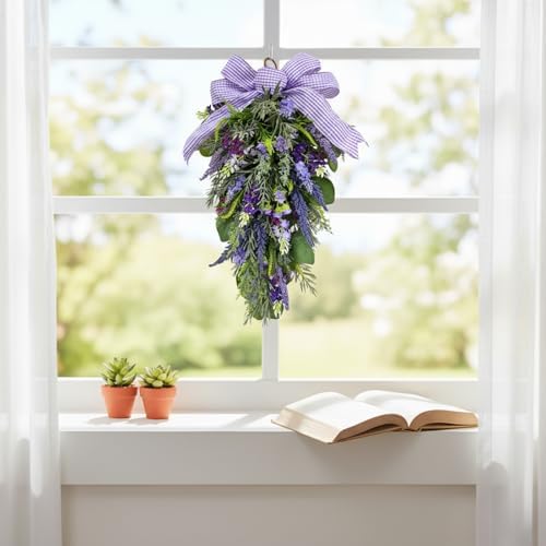 23 Inch Pre-lit Lavender Teardrop Swag, Farmhouse Spring Summer Teardrop with Purple Gingham Bow, Battery Operated with Timer & 10 Warm White Lights, Floral Decoration for Wall Door Farmhouse - Image 7