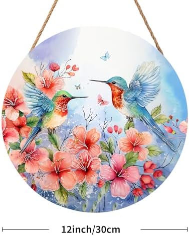 Spring Summer Hummingbird Birds Front Door Sign Farmhouse Spring Flowers Door Hanger 12"x12" Seasonal Summer Wooden Wreath for Outdoor Outside Porch Welcome Wall Hanging Decoration for Home - Image 2
