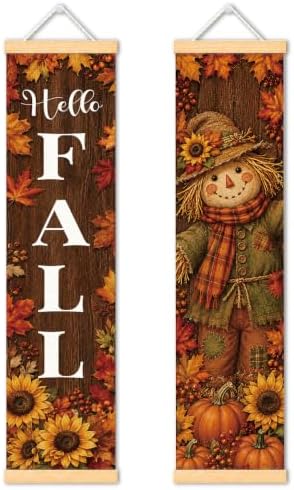 Hello Fall Door Banner Set of 2, Scarecrow Pumpkin Porch Decor for Home by Unknown