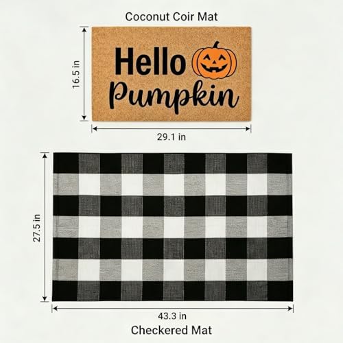 Fall Decor Halloween Layered Front Doormat Set, Hello Natural Coco Coir Door Mat + 28"x43" Black White Buffalo Plaid Rug, Non-Slip Porch Rug Outdoor Entryway Decor for Front Porch, Patio - Image 2