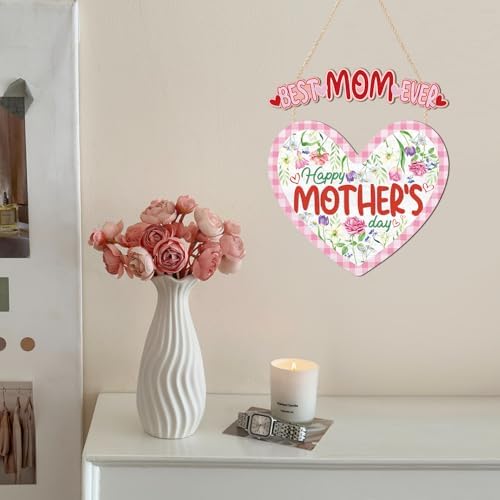 HOURIA Happy Mother's Day Wooden Sign(11.4”x12.5”),Vintage Best Mom Ever Wall Decor,Pink Flower Heart Shaped Door Hanger for Mom Grandma Woman - Image 3