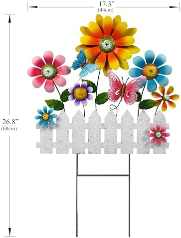 Colorful Flower Garden Stake with Butterflies & White Fence, Outdoor Yard Art Decor, Metal Floral Lawn Stakes for Garden, Patio, Flower Bed, Spring & Summer Outdoor Decoration - Image 2