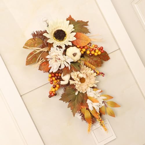 Artificial Fall Teardrop Swag Hanging Teardrop Swag Autumn Swags Fall Wreaths with Pumpkin Maple Leaves for Thanksgiving Fall Front Door Window Wall Porch Eaves Doorways Festivals Decor - Image 5