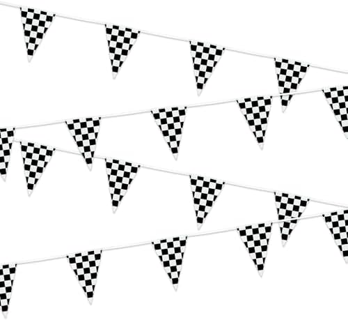 Racing Car Bunting Pennant Banner Flags - GREATRIL Black White Checkered Themed Plastic Triangle Garland for Classroom Bulletin Board/One Happy Dude First Birthday/Garage Party Decorations 4 Strings by GREATRIL